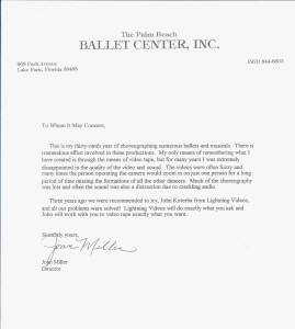 Miss Joan Miller Palm Beach Ballet Letter